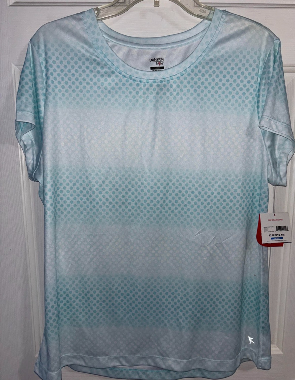 Danskin Now Shirt Womens XL NWT Teal Luster Polka Dot Performance Activewear Tee